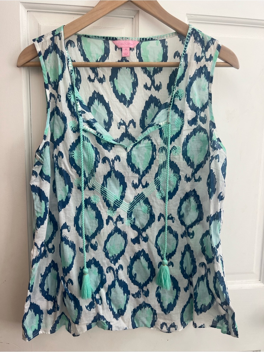 Lilly Pulitzer Sleeveless Ikat Print Tassel Tie Top - Blue/Teal